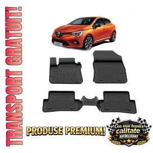 Set covorase Renault Clio IV din 2012 - 2019, covorase presuri tavita auto, cu tunel median intermediar din cauciuc thermoplastic, 4 Stickere auto cu Renault