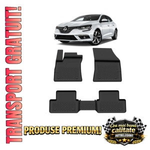 Set covorase Renault Megane IV Sedan din 2016, covorase presuri tavita auto, cu tunel median intermediar din cauciuc thermoplastic, 4 Stickere auto cu Renault