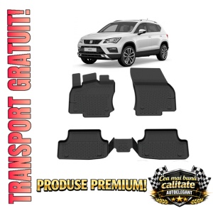 Set covorase Seat Ateca din 2016, covorase presuri tavita auto, cu tunel median intermediar din cauciuc thermoplastic, 4 Stickere auto cu Seat
