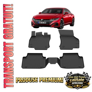Set covorase Volkswagen Arteon din 2017, covorase presuri tavita auto, cu tunel median intermediar din cauciuc thermoplastic, 4 Stickere auto cu Volkswagen