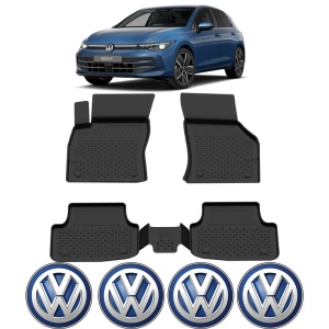 Set covorase Volkswagen Golf VIII din 2020, covorase presuri tavita auto, cu tunel median intermediar din cauciuc thermoplastic, 4 Stickere auto cu Volkswagen - Img 2