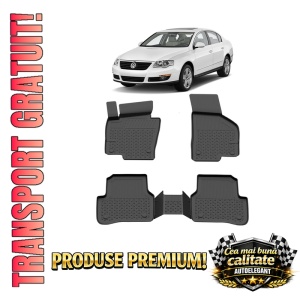 Set covorase Volkswagen Passat B6 din 2005 - 2010, covorase presuri tavita auto, cu tunel median intermediar din cauciuc thermoplastic, 4 Stickere auto cu Volkswagen