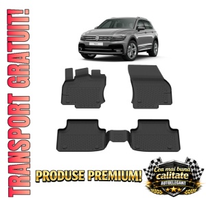 Set covorase Volkswagen Tiguan II din 2015 - 2023, covorase presuri tavita auto, cu tunel median intermediar din cauciuc thermoplastic, 4 Stickere auto cu Volkswagen
