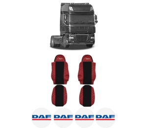 Set Huse Scaune Camion Tir DAF 95 XF din 1997-2002, Auto, Model ELEGANCE Q, Culoare Rosu, 4x Stickere auto cu DAF