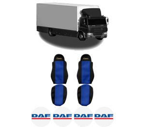 Set Huse Scaune Camion Tir DAF CF 65 din 2001-2013, Auto, Model CLASSIC, Culoare Albastru, 4x Stickere auto cu DAF