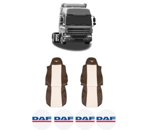 Set Huse Scaune Camion Tir DAF CF 85 din 2001-2020, Auto, Model ELEGANCE Q, Culoare Bej/Maro, 4x Stickere auto cu DAF