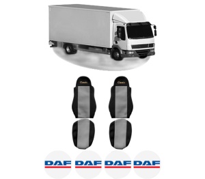 Set Huse Scaune Camion Tir DAF LF 45 din 2001-2009, Auto, Model CLASSIC, Culoare Gri, 4x Stickere auto cu DAF