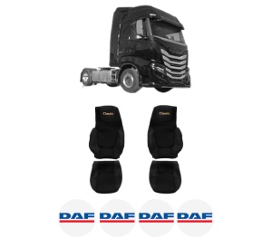 Set Huse Scaune Camion Tir DAF S-WAY din 2019-2023, Auto, Model CLASSIC, Culoare Negru, 4x Stickere auto cu DAF
