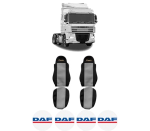 Set Huse Scaune Camion Tir DAF XF 105 din 2005-2013, Auto, Model CLASSIC, Culoare Gri, 4x Stickere auto cu DAF