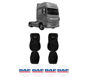 Set Huse Scaune Camion Tir DAF XF 106 din 2012-2017, Auto, Model CLASSIC, Culoare Negru, 4x Stickere auto cu DAF