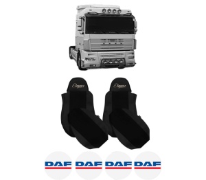 Set Huse Scaune Camion Tir DAF XF 95 din 2002-2006, Auto, Model ELEGANCE S, Culoare Negru, 4x Stickere auto cu DAF