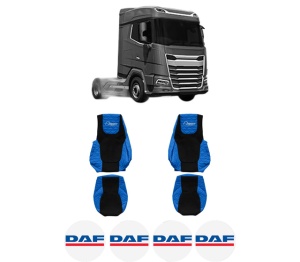Set Huse Scaune Camion Tir DAF XF II din 2021-2023, Auto, Model ELEGANCE Q, Culoare Albastru, 4x Stickere auto cu DAF