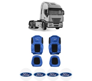 Set Huse Scaune Camion Tir FORD STRALIS II din 2012-2017, Auto, Model ELEGANCE Q, Culoare Albastru, 4x Stickere auto cu FORD