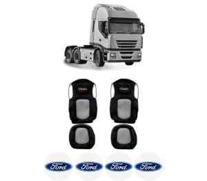Set Huse Scaune Camion Tir FORD STRALIS II din 2012-2017, Auto, Model CLASSIC, Culoare Gri, 4x Stickere auto cu FORD