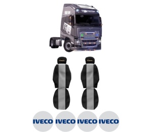 Set Huse Scaune Camion Tir Iveco FH16 II din 2012-2014, Auto, Model CLASSIC, Culoare Gri, 4x Stickere auto cu Iveco