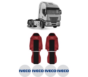 Set Huse Scaune Camion Tir Iveco STRALIS II din 2012-2017, Auto, Model ELEGANCE Q, Culoare Rosu, 4x Stickere auto cu Iveco