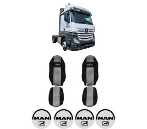 Set Huse Scaune Camion Tir MAN ACTROS MP4 / MP5 din 2011-2024, Auto, Model CLASSIC, Culoare Gri, 4x Stickere auto cu MAN