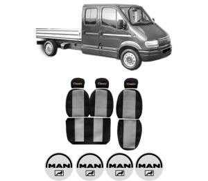 Set Huse Scaune Camion Tir MAN MASTER II Platform/Chassis (ED/HD/UD) din 2002-2011, Auto, Model CLASSIC, Culoare Gri, 4x Stickere auto cu MAN