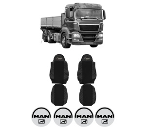 Set Huse Scaune Camion Tir MAN TGS I din 2005-2022, Auto, Model ELEGANCE Q, Culoare Negru, 4x Stickere auto cu MAN