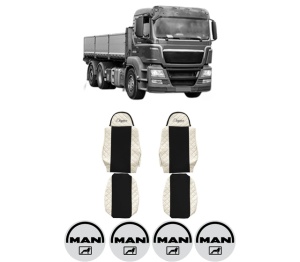 Set Huse Scaune Camion Tir MAN TGS I din 2005-2022, Auto, Model ELEGANCE Q, Culoare Bej, 4x Stickere auto cu MAN