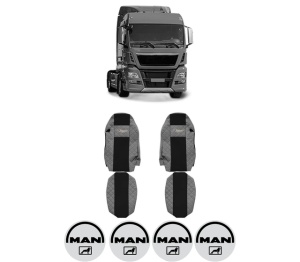 Set Huse Scaune Camion Tir MAN TGX I din 2006-2021, Auto, Model ELEGANCE Q, Culoare Gri, 4x Stickere auto cu MAN