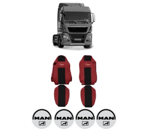 Set Huse Scaune Camion Tir MAN TGX I din 2006-2021, Auto, Model ELEGANCE Q, Culoare Rosu, 4x Stickere auto cu MAN