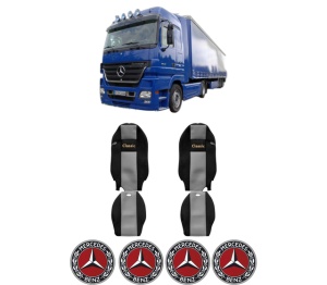 Set Huse Scaune Camion Tir MERCEDES-BENZ ACTROS MP2 / MP3 din 2002-2009, Auto, Model CLASSIC, Culoare Gri, 4x Stickere auto cu MERCEDES-BENZ
