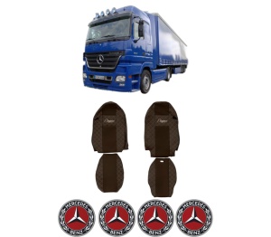 Set Huse Scaune Camion Tir MERCEDES-BENZ ACTROS MP2 / MP3 din 2002-2009, Auto, Model ELEGANCE Q, Culoare Maro, 4x Stickere auto cu MERCEDES-BENZ