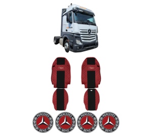 Set Huse Scaune Camion Tir MERCEDES-BENZ ACTROS MP4 / MP5 din 2011-2024, Auto, Model ELEGANCE Q, Culoare Rosu, 4x Stickere auto cu MERCEDES-BENZ