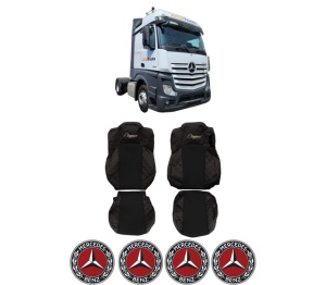 Set Huse Scaune Camion Tir MERCEDES-BENZ ACTROS MP4 / MP5 din 2011-2024, Auto, Model ELEGANCE Q, Culoare Negru/Rosu, 4x Stickere auto cu MERCEDES-BENZ