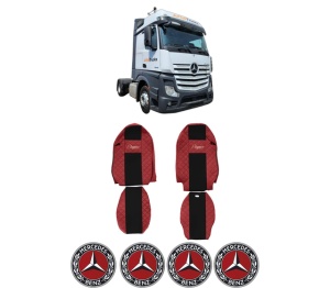 Set Huse Scaune Camion Tir MERCEDES-BENZ ACTROS MP4 / MP5 din 2011-2024, Auto, Model ELEGANCE Q, Culoare Rosu, 4x Stickere auto cu MERCEDES-BENZ