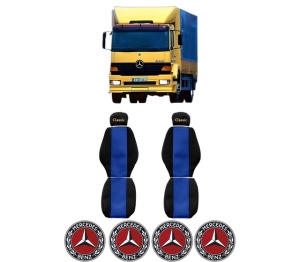 Set Huse Scaune Camion Tir MERCEDES-BENZ ATEGO din 1998-2004, Auto, Model CLASSIC, Culoare Albastru, 4x Stickere auto cu MERCEDES-BENZ