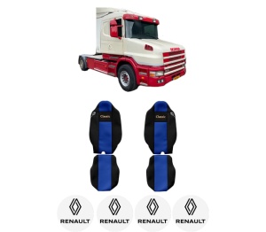 Set Huse Scaune Camion Tir RENAULT TRUCKS T din 2004-2019, Auto, Model CLASSIC, Culoare Albastru, 4x Stickere auto cu RENAULT TRUCKS