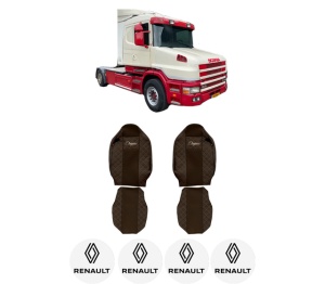 Set Huse Scaune Camion Tir RENAULT TRUCKS T din 2004-2019, Auto, Model ELEGANCE Q, Culoare Maro, 4x Stickere auto cu RENAULT TRUCKS