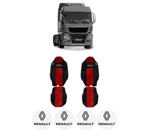 Set Huse Scaune Camion Tir RENAULT TRUCKS TGX I din 2006-2021, Auto, Model CLASSIC, Culoare Rosu, 4x Stickere auto cu RENAULT TRUCKS