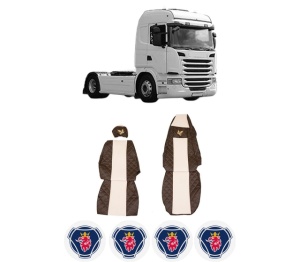 Set Huse Scaune Camion Tir SCANIA G I din 2003-2019, Auto, Model ELEGANCE Q, Culoare Bej, 4x Stickere auto cu SCANIA
