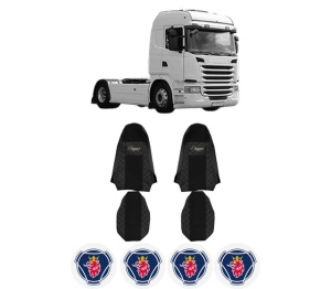 Set Huse Scaune Camion Tir SCANIA G I din 2003-2019, Auto, Model ELEGANCE Q, Culoare Negru, 4x Stickere auto cu SCANIA