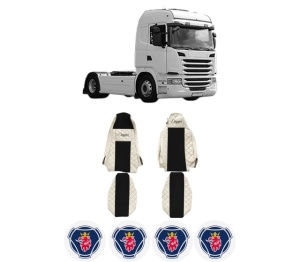 Set Huse Scaune Camion Tir SCANIA G I din 2003-2019, Auto, Model ELEGANCE Q, Culoare Bej, 4x Stickere auto cu SCANIA