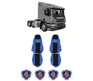 Set Huse Scaune Camion Tir SCANIA P I din 2003-2019, Auto, Model ELEGANCE Q, Culoare Albastru, 4x Stickere auto cu SCANIA