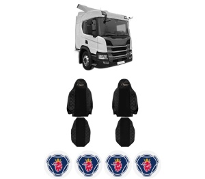 Set Huse Scaune Camion Tir SCANIA P II din 2017-2023, Auto, Model ELEGANCE Q, Culoare Negru, 4x Stickere auto cu SCANIA