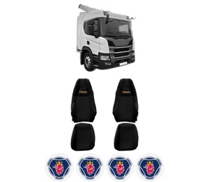Set Huse Scaune Camion Tir SCANIA P II din 2017-2023, Auto, Model CLASSIC, Culoare Negru, 4x Stickere auto cu SCANIA
