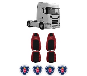 Set Huse Scaune Camion Tir SCANIA S din 2016-2023, Auto, Model ELEGANCE Q, Culoare Rosu, 4x Stickere auto cu SCANIA