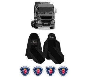Set Huse Scaune Camion Tir SCANIA TGX I din 2006-2021, Auto, Model ELEGANCE S, Culoare Negru, 4x Stickere auto cu SCANIA
