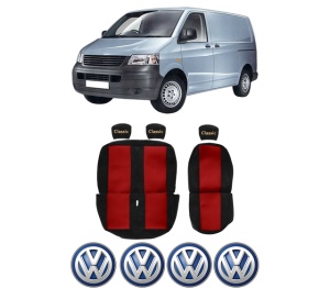 Set Huse Scaune Camion Tir VW TRANSPORTER T5 Van (7HA, 7HH, 7EA, 7EH) din 2003-2015, Auto, Model CLASSIC, Culoare Rosu, 4x Stickere auto cu VW