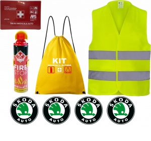 Set Kit siguranta auto cu saculet compact ce contine - Stingator spray 1kg, Trusa Medicala omolgata R.A.R, vesta reflectorizanta, stickere SKODA , compatibil cu orice autoturism - Img 2