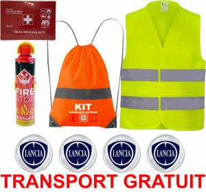 Set Kit siguranta auto cu saculet compact ce contine - Stingator spray 1kg, Trusa Medicala omolgata R.A.R, Vesta Reflectorizanta, Stickere Cadou LANCIA, compatibil cu orice autoturism accesorii pentru autoturismul tau - masina v67660