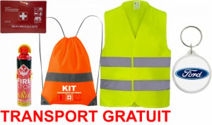 Set Kit siguranta auto cu saculet compact ce contine - Stingator spray 1kg, Trusa Medicala omolgata R.A.R, Vesta Reflectorizanta, Breloc Cadou FORD, compatibil cu orice autoturism. accesorii pentru autoturismul tau - masina v67540