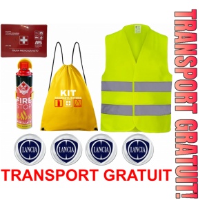 Set Kit siguranta auto cu saculet compact ce contine - Stingator spray 1kg, Trusa Medicala omolgata R.A.R, vesta reflectorizanta, stickere LANCIA , compatibil cu orice autoturism