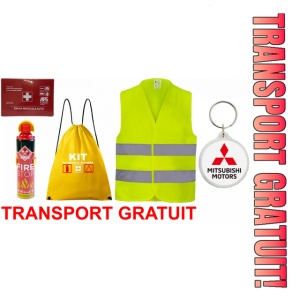 Set Kit siguranta auto cu saculet compact ce contine - Stingator spray 1kg, Trusa Medicala omolgata R.A.R, vesta reflectorizanta, Breloc cadou MITSUBISHI , compatibil cu orice autoturism