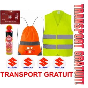 Set Kit siguranta auto cu saculet compact ce contine - Stingator spray 1kg, Trusa Medicala omolgata R.A.R, Vesta Reflectorizanta, Stickere Cadou SUZUKI, compatibil cu orice autoturism